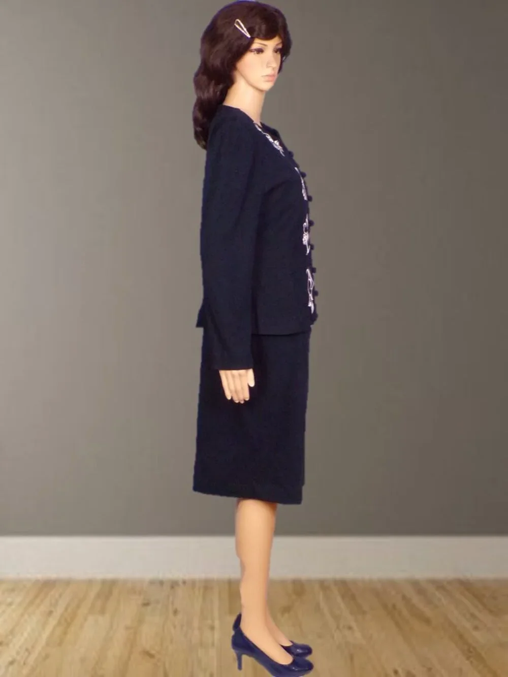 KARIN STEVENS size 10 black/silver dress with attached jacket polyester/spandex